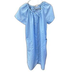Hedy Lin Casual Dress Robe Women L Blue Vintage House Polka dots Pockets Snap